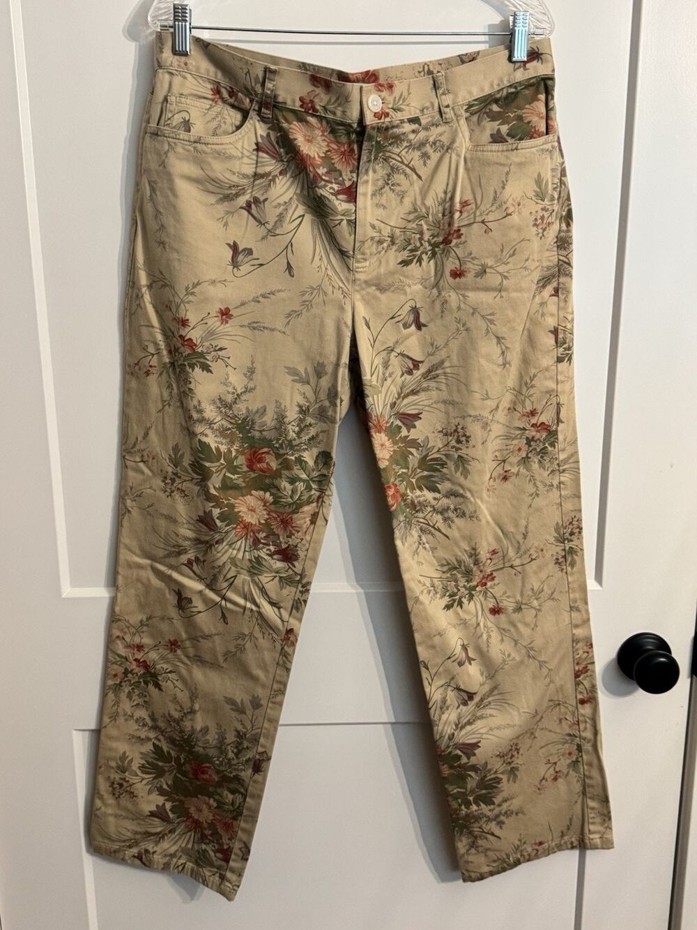 Chaps Straight Leg Floral Khaki Beige Cotton Blend Pants Sz 14 Vintage Resort